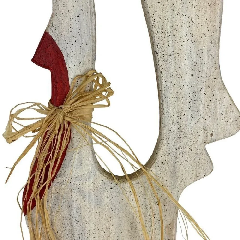Handmade Tall Speckled Chicken Wall Hanging Raffia Bow Wood 22